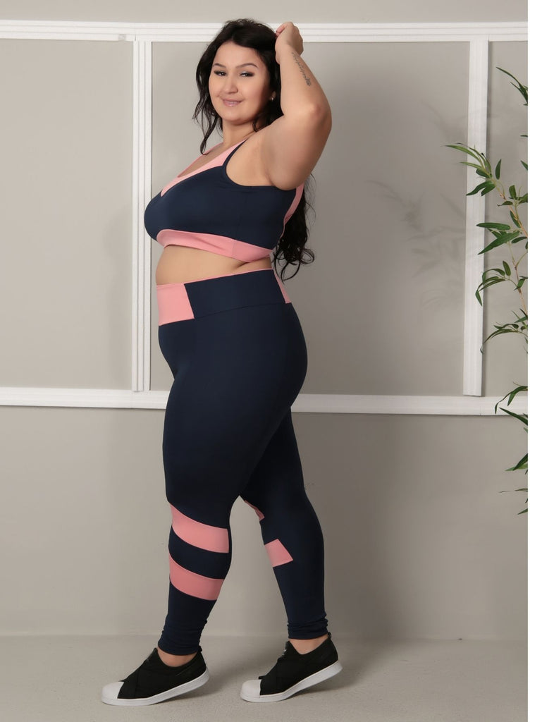 Conjunto fitness Plus Size Marinho com cortes Rosa (top+calça) – Galvic  Fitness
